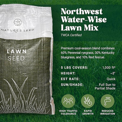 Nature's Seed TWCA Water-Wise Northwest Turf Grass Seed Mix Blend, Shade and Drought Tolerant, for Garden, Lawn, Yard, Low Water, Requires 30-50% Less, 5 Lbs