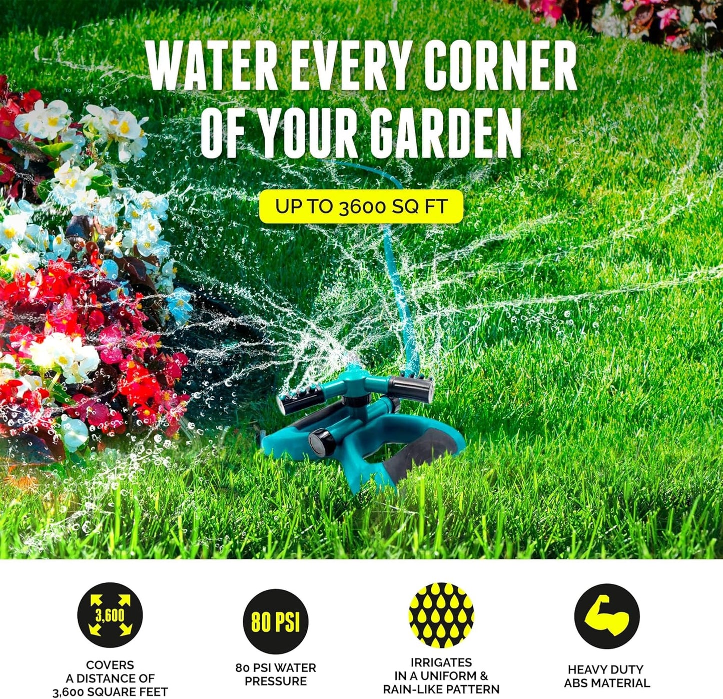 Sprinkler for Yard - 360 Degree Rotating Lawn Sprinkler with Base, Adjustable Spray 13-49ft, 1/2" Hose Connector for Garden & Large Yards