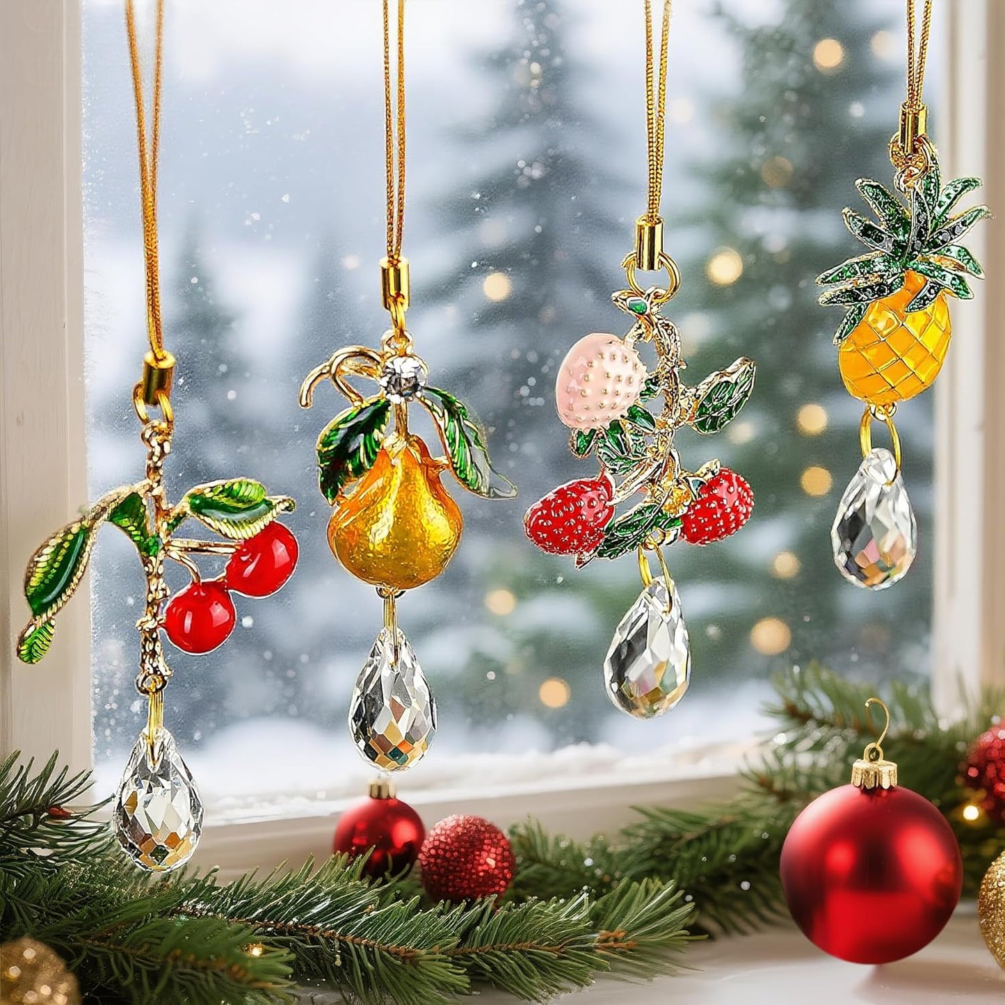 H&D HYALINE & DORA 4 Pcs Fruit Crystal Sun Catcher Rhinestone Cute Fruit Suncatcher with Crystals Prisms for Christmas Garden Home Decor