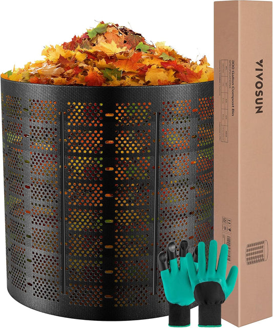 VIVOSUN 300 Gallon Outdoor Compost Bin, Expandable Composter, Easy to Setup & Large Capacity for Backyard, Lawn (Black with Gloves)