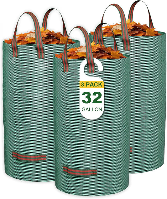 GreatBuddy 32 Gallon Reusable Yard Waste Bag, Heavy Duty, Upright Lawn Bags with 4 Reinforced Handles for Garden Leaves and Waste Collection, Lightweight and Portable (3 Pack)