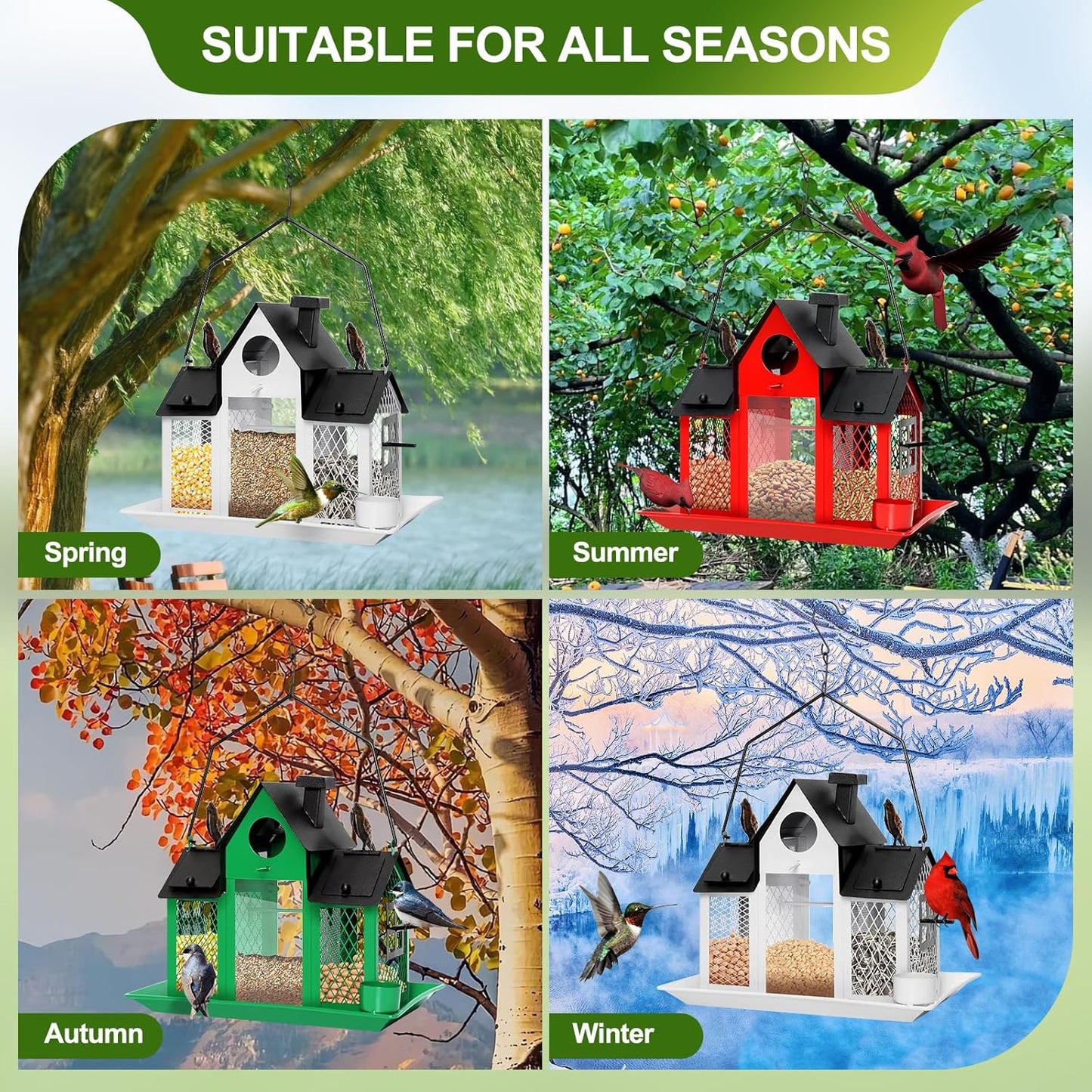 Solar Bird Feeders House for Outdoors Hanging, 7LBS Large Capacity Metal Wild Bird Feeder Squirrel Proof for Outside with Water Cup, Cardinal Birdfeeder Birdhouses Gift for Bird Lovers (Green)