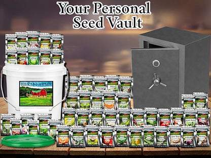 Survival Seed Vault: 50 Varieties, 50,000+ Non-GMO Heirloom Seeds - 5+ Year Supply in Secure Bucket + Growing Guide by B&KM Farms (1)