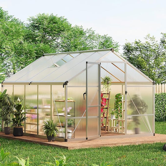 8x10 FT Polycarbonate Greenhouse with Roof Vent - Large Aluminum Walk-in Greenhouse Kit for Gardening, Backyard, Patio, Lawn - Easy Assembly