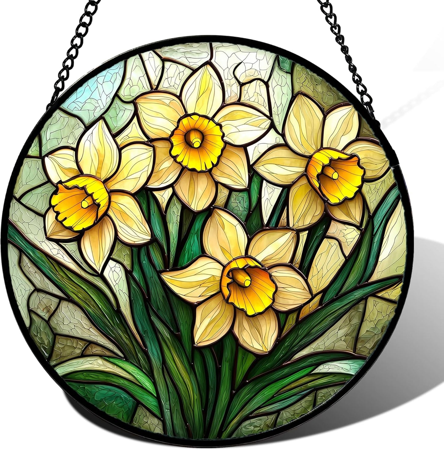 Stained Glass Window Hanging, Daffodil Plant Flowers Sun Catchers Diamond Glass Panel Hangings Suncatcher Decor for Birthday for Women, Men, Wife, Aunt, and Mom 14.9x14.9 in