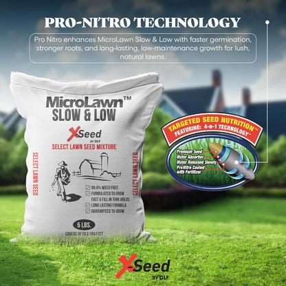 X-Seed Micro-Lawn Slow & Low Grass Seed for Cool Season Lawns, No Mow Natural Areas, Sun to Full Shade, Slow and Low Growing Micro Clover, Creeping Red Fescue, Intermediate Ryegrass, Starter Bag, 5LB