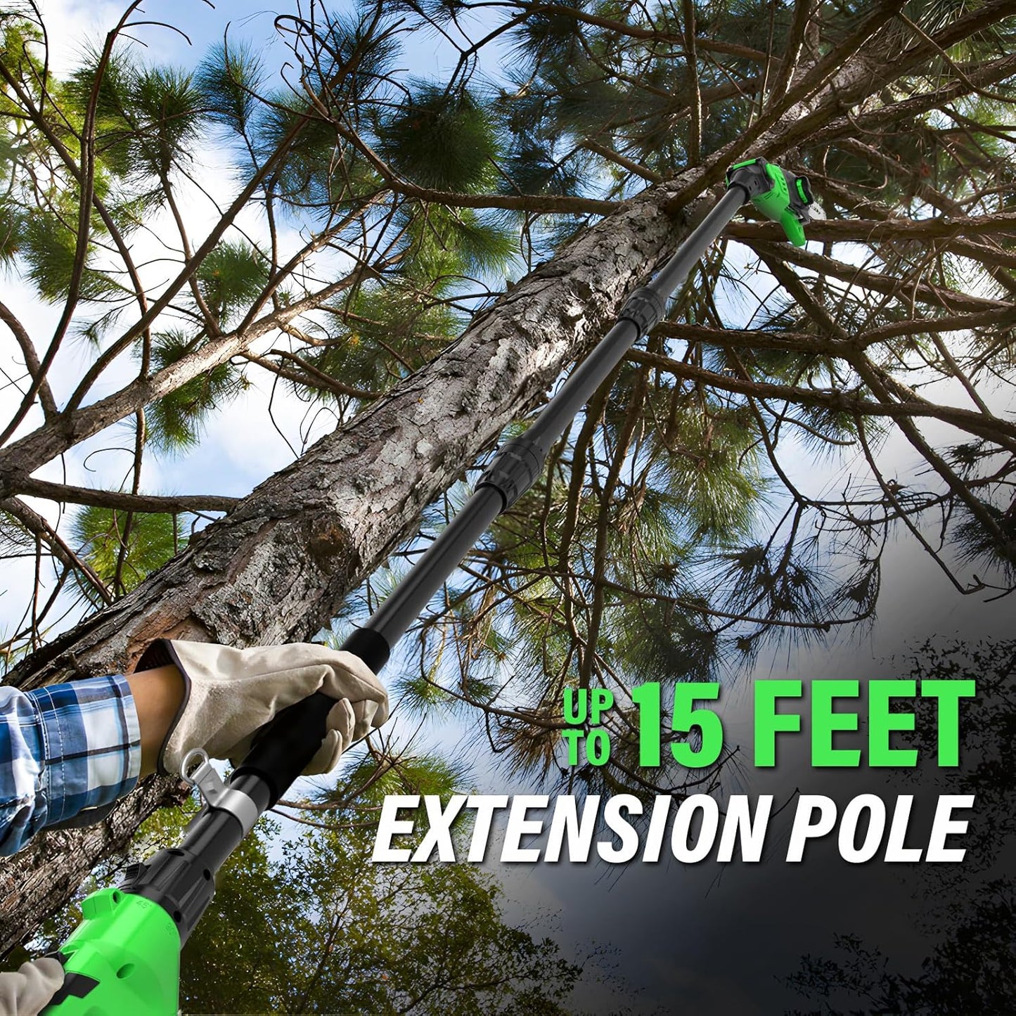 SOYUS Pole Saw 8-Inch Cordless and 18-Inch Pole Hedge Trimmer 2-in-1, 15-Foot Max Reach Pole Saw for Tree Trimming, 16ft/s Speed, Auto Oiling, Multi-Angle Pole Chainsaw with 2.0Ah Battery & Charger