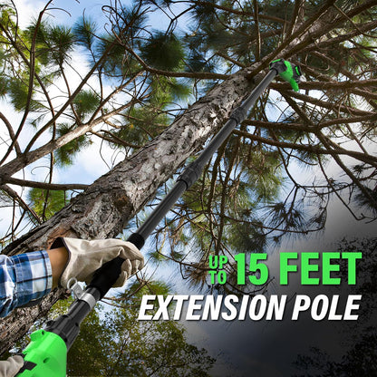 SOYUS Pole Saw 8-Inch Cordless and 18-Inch Pole Hedge Trimmer 2-in-1, 15-Foot Max Reach Pole Saw for Tree Trimming, 16ft/s Speed, Auto Oiling, Multi-Angle Pole Chainsaw with 2.0Ah Battery & Charger
