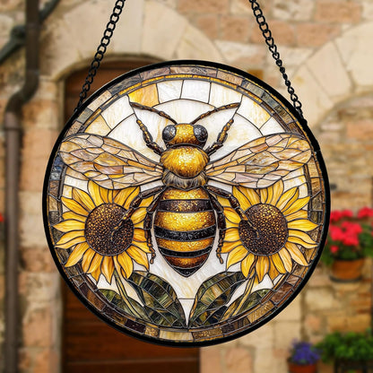 Stained Glass Window Hanging - Bee Sunflower Yellow Suncatcher Ready to Hang Window Doors Home Decoration and Christmas, Mother's Day Birthday Gifts for Women, Men, and Mom 7.8x7.8 in