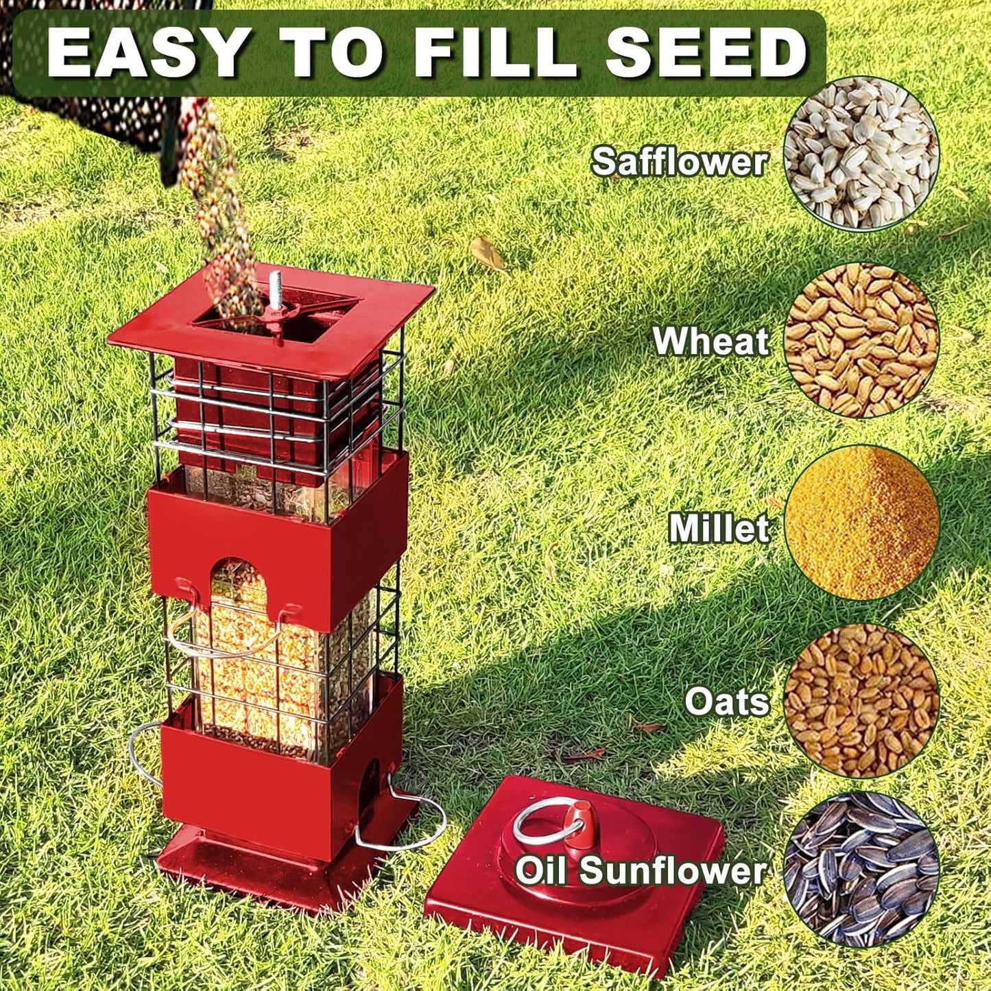 Squirrel Proof Bird Feeder for Outdoors Hanging, 3Lbs Metal Weight-Activated Birdfeeder with 4 Feeding Ports, Wild Birds Seed Feeder for Cardinal, Finch, Sparrow (Red)
