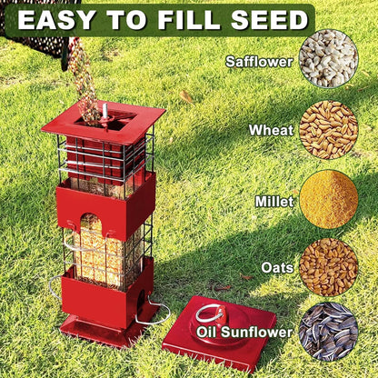 Squirrel Proof Bird Feeder for Outdoors Hanging, 3Lbs Metal Weight-Activated Birdfeeder with 4 Feeding Ports, Wild Birds Seed Feeder for Cardinal, Finch, Sparrow (Red)