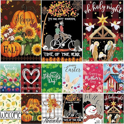 Seasonal Garden Flag Set of 12 Double Sided 12 x 18 Inch Yard Flag, Small Garden Flags for Outside, Christmas Flag, Halloween, Fall Winter Outdoor Flag, Holiday Garden Decorations for All Seasons