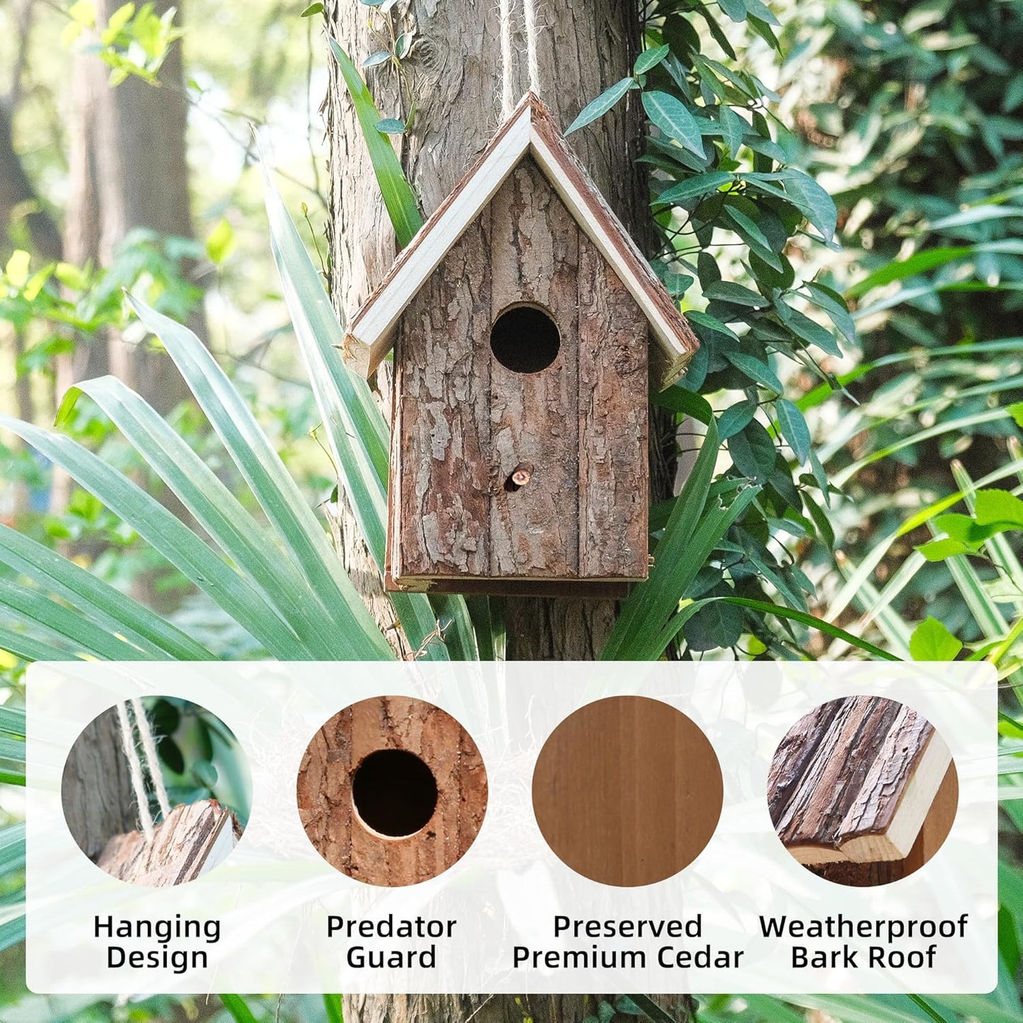 Natural Wooden Bird House for Outdoors – Handcrafted Bark Design, Weatherproof Roof, Perfect for Small Birds, Finch, Bluebird, Wrens & Chickadees, Ideal for Gardens, Patios, and Backyards