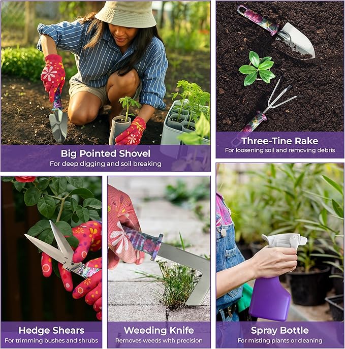 Gardening Tools Set – 12-Piece Garden Tool Set with Rust-Resistant Stainless Steel Hand Tools, Heavy Duty Folding Shovel & Floral Handles, Durable Carry Case, Perfect Gardening Kit Gift for Women