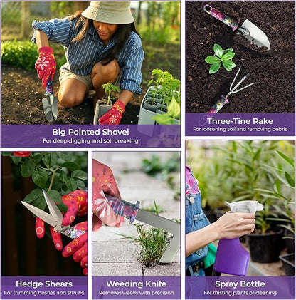 Gardening Tools Set – 12-Piece Garden Tool Set with Rust-Resistant Stainless Steel Hand Tools, Heavy Duty Folding Shovel & Floral Handles, Durable Carry Case, Perfect Gardening Kit Gift for Women