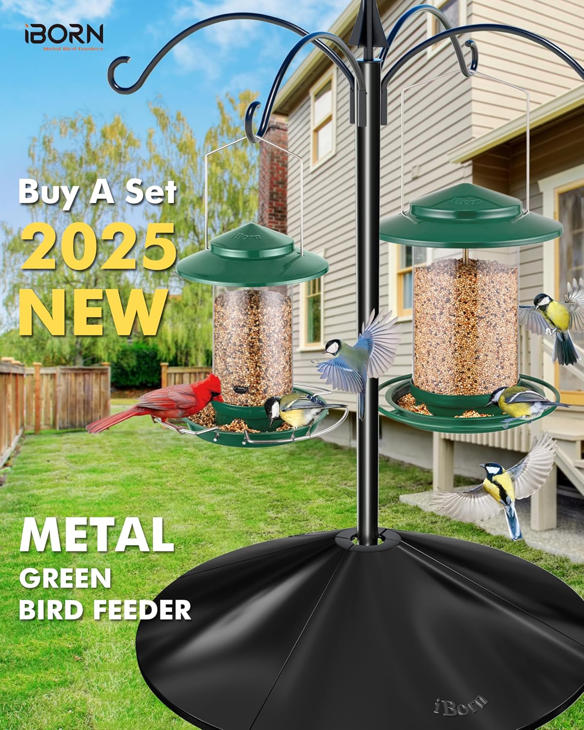 iBorn Bird Feeder Metal Squirrel Chew-Proof Bird Feeders for Outdoors Hanging for Cardinal Outside, Holds 1.5LB Seed with 3 Perchs, Green (Seed is not Included)