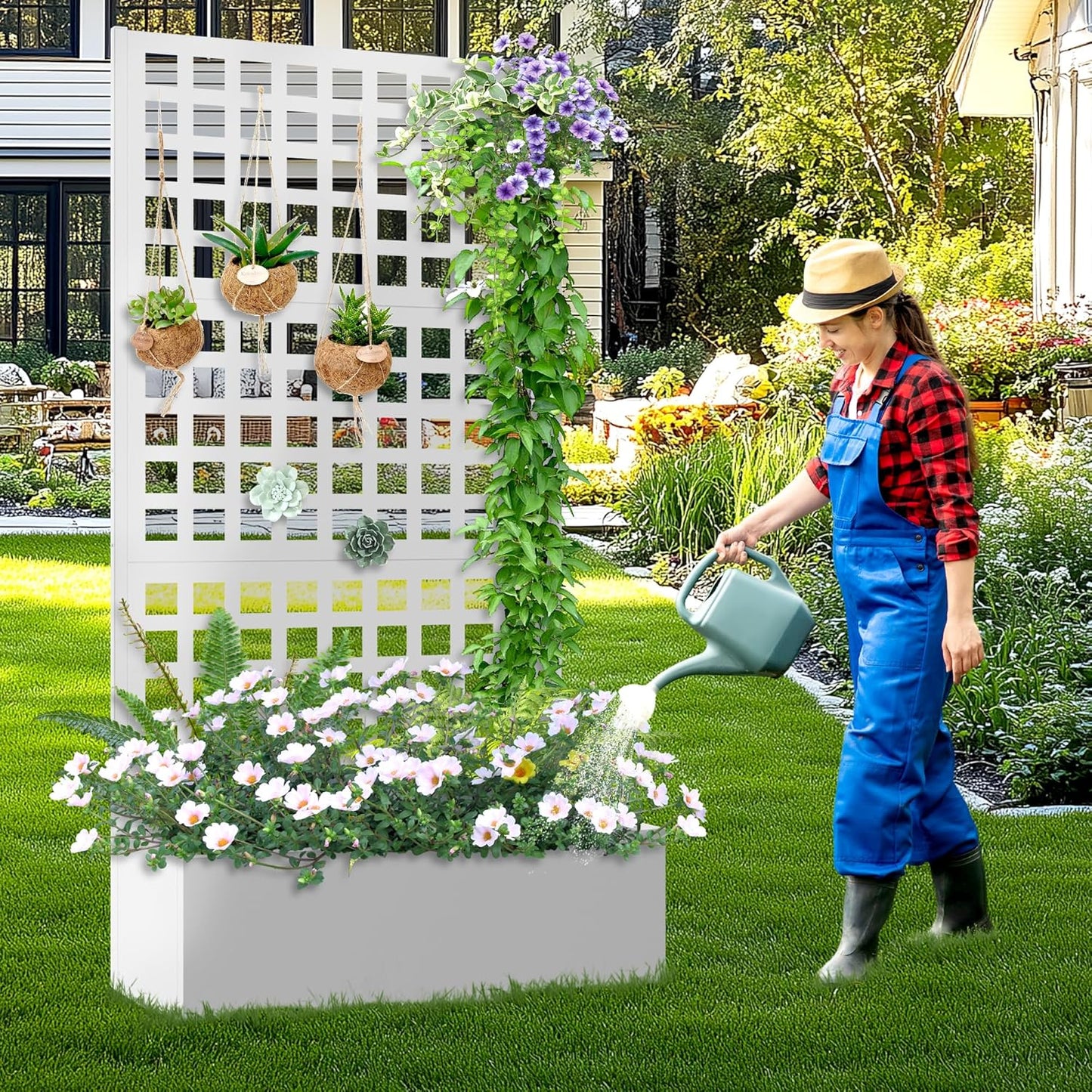 Metal Planter Box with Trellis, Raised Garder Bed with Drainage Hole, Outdoor Privacy Screen & Trellis for Climbing Plants, Plant Stands, 35''L×16''W×71''H, White