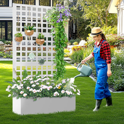 Metal Planter Box with Trellis, Raised Garder Bed with Drainage Hole, Outdoor Privacy Screen & Trellis for Climbing Plants, Plant Stands, 35''L×16''W×71''H, White