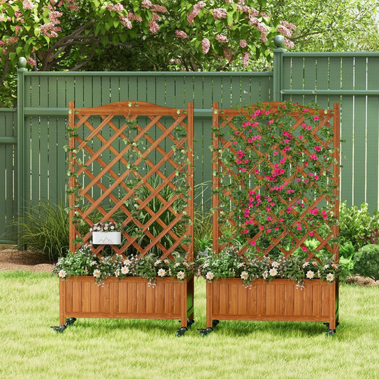 Upgraded 2-Pack 50" Tall Trellis Planter Box with Wheels, 49.8"H × 27.6"W × 13.0"D Solid Fir Wood Raised Garden Bed & Lattice Privacy Screen, Rolling Planter with Drainage for Patio/Garden