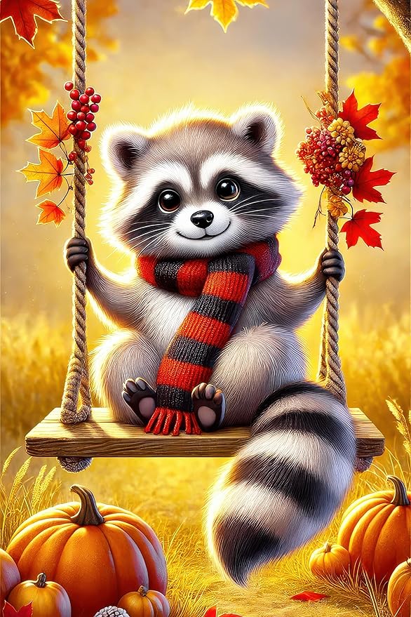 Thanksgiving Fall Garden Flag 12x18 Inch Welcome Raccoon Outdoor Flag Double Sided Autumn Yard Banner with Swing Pumpkins and Leaves for Porch Lawn Patio Seasonal Decor