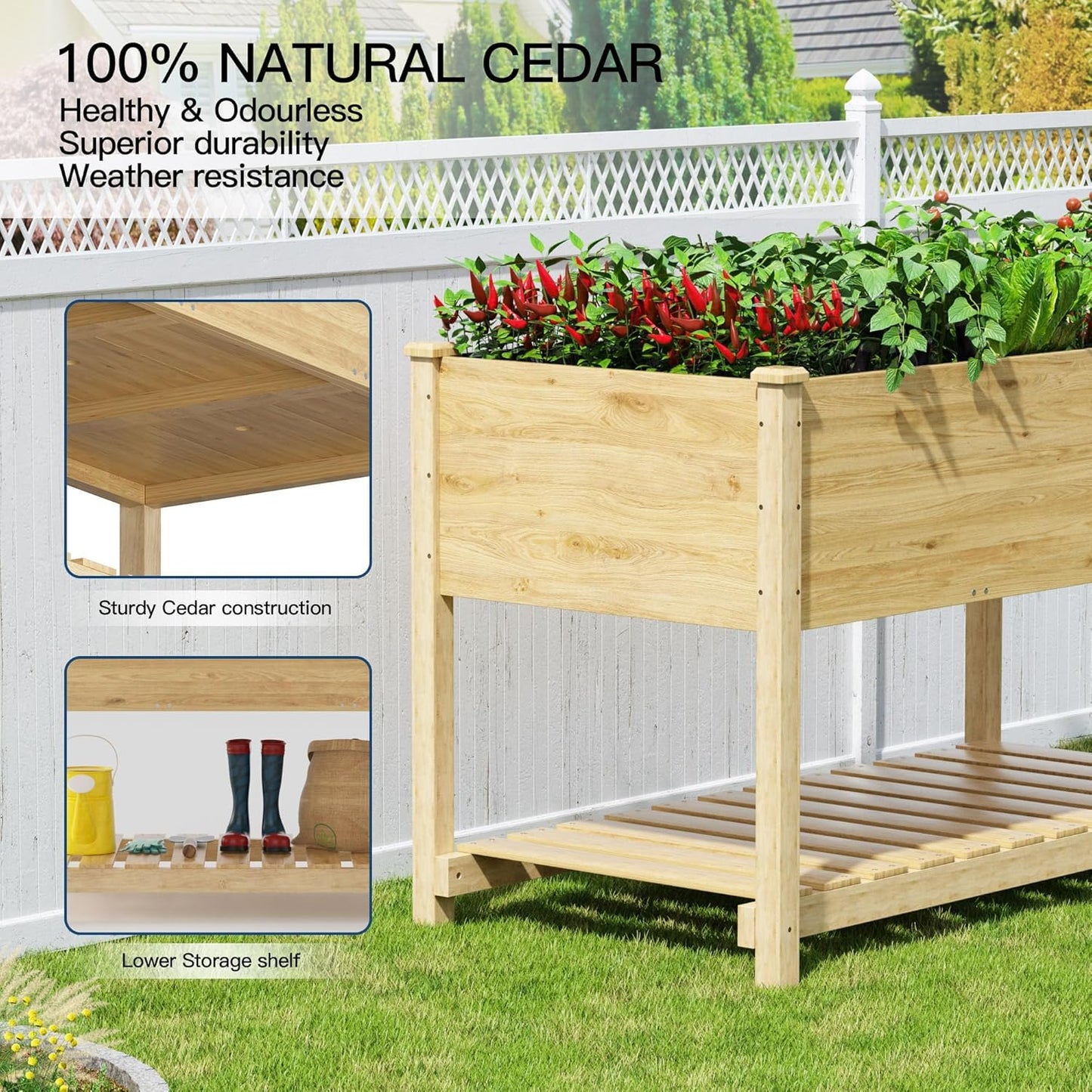 Kullavik Raised Garden Bed with Legs,Outdoor Elevated Cedar Wood Planter Box with Storage Shelf for Vegetables/Flowers/Herbs in Balcony/Backyard/Patio,220lb Capacity-Natural