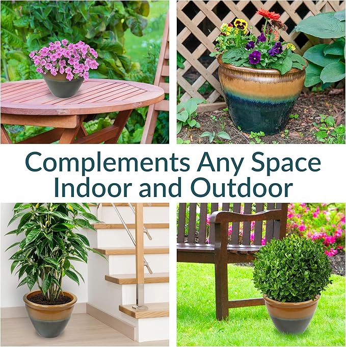 Sunnydaze Large Ceramic Plant Pot - Round Outdoor Glazed Ceramic Planter Pot with Drainage - Chalet - Forest Lake Green - 14.5"