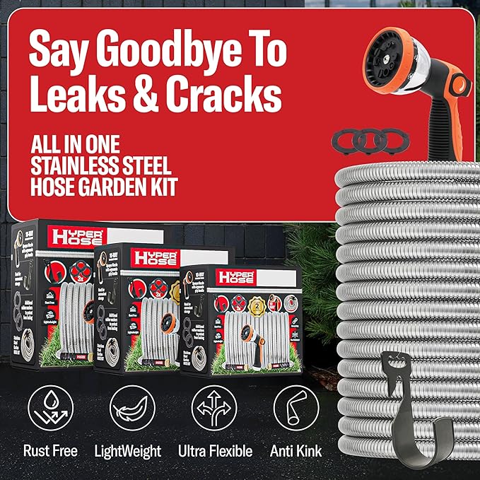 Best 50 ft Metal Garden Hose Set - No-Kink Durable 316 Stainless Steel, 10-Way Zync Spray Nozzle & Hook – Tough Flexible Heavy Duty Water Hoses, Naval Brass, Rust, Weather, LeakProof