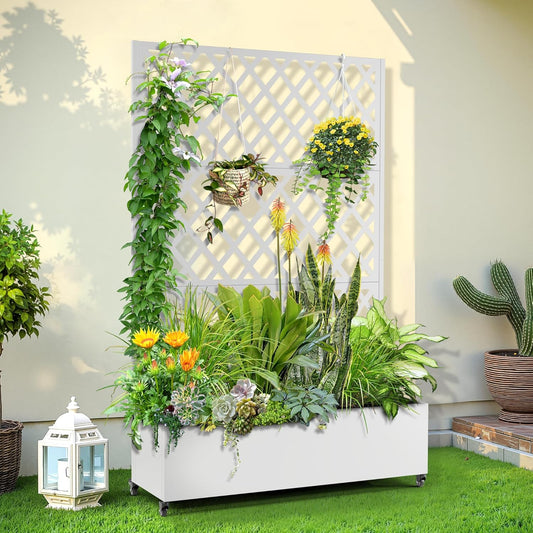Metal Planter Trellis Box with Wheels & Drain Plug Outdoor Raised Garden Bed Patio Privacy Screen with Planter for Climbing Plants, Vegetables 73"x47"x16" White-Diamond