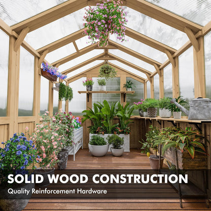 Restland 6x8 FT Wood Greenhouse with Shelves Reinforced Frame Walk-in Greenhouses with Adjustable Roof Vents & Lockable Door Polycarbonate Green House for Outside