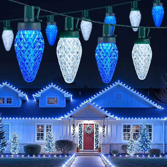 Brightown C9 Christmas Lights Outdoor, 114FT 150 LED Blue and Pure White String Lights with Timer, 8 Modes, UL Listed Waterproof Connectable Christmas Tree Lights for House, Roof, Garden, Patio Decor