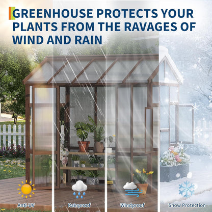 6x8 ft Wooden Greenhouse for Outdoor - Heavy Duty Walk-in Green House Kit with 6 mm Polycarbonate,Ventilated Window & Lockable Door for Backyard,Patio,Lawn