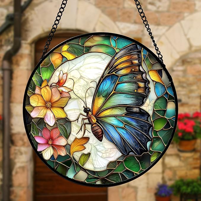 Stained Glass Window Hanging, Butterfly Flower Sun Catchers Diamond Glass Panel Hangings Insect Suncatcher Decor for Birthday for Women, Men, Wife, Aunt, and Mom 15x15 in