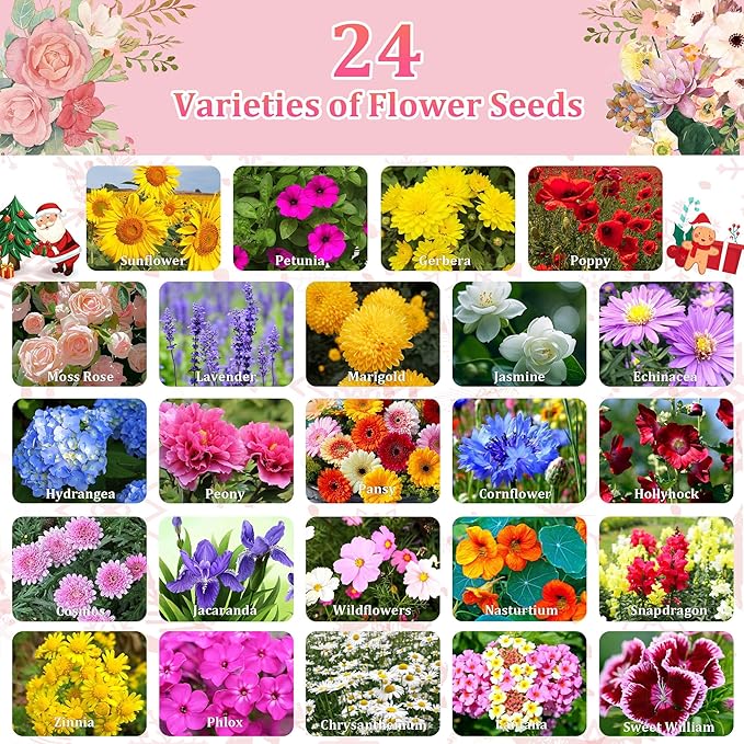 Seeds Advent Calendar 2025 Christmas Countdown - Non-GMO Heirloom Seeds 24 Types of Perennial Flower Seeds for Planting - Unique Christmas Garden Hanging Decoration for Women Adults Kids Family