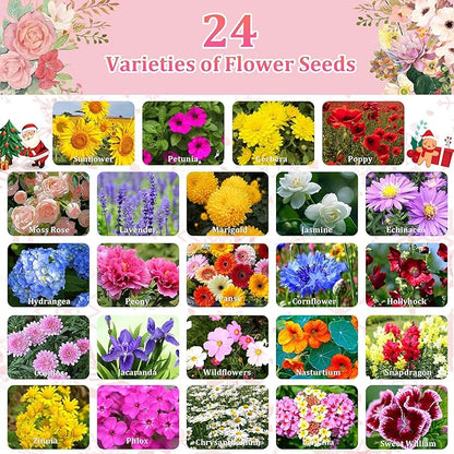 Seeds Advent Calendar 2025 Christmas Countdown - Non-GMO Heirloom Seeds 24 Types of Perennial Flower Seeds for Planting - Unique Christmas Garden Hanging Decoration for Women Adults Kids Family