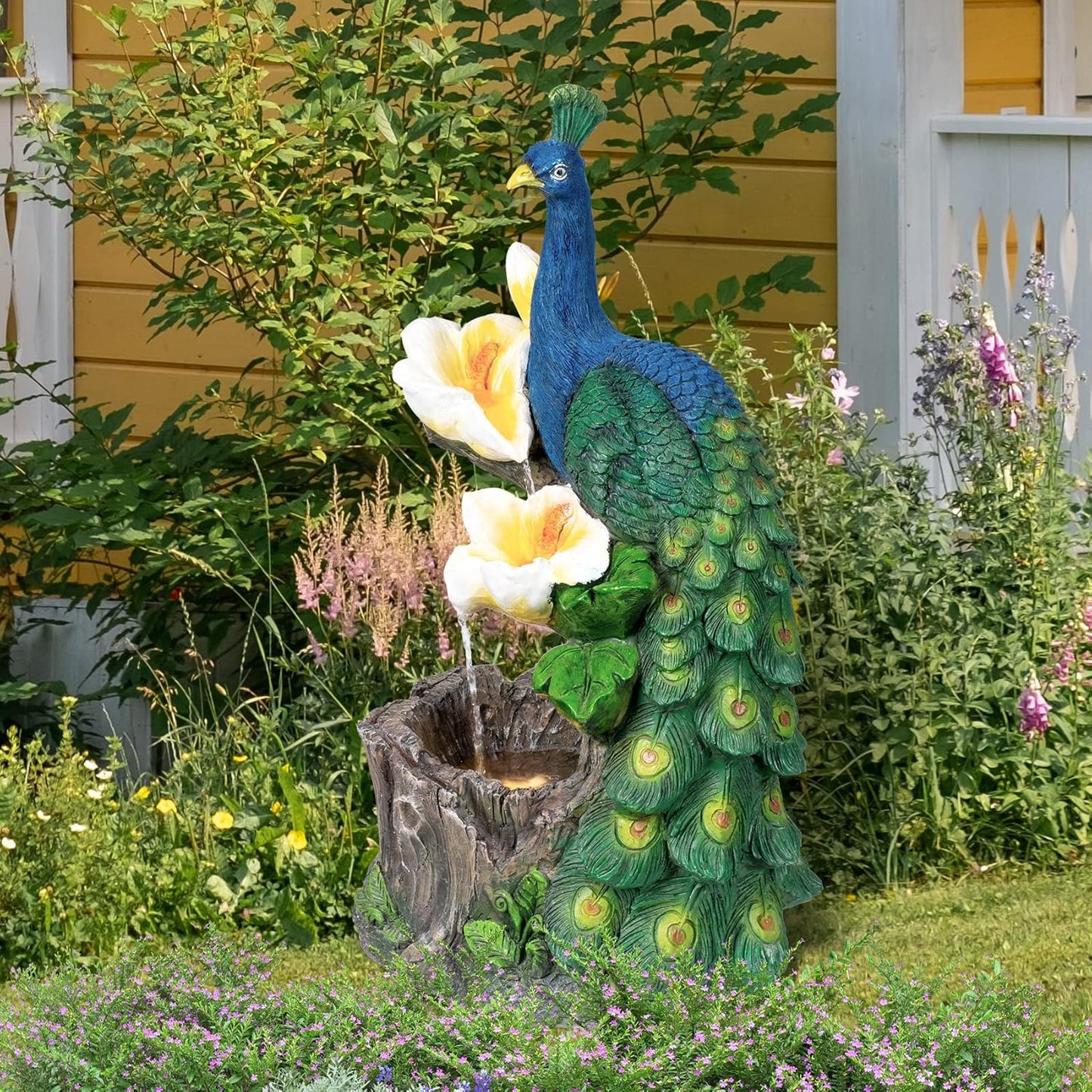 Ferrisland Resin Peacock Waterfall Fountain 3 Tiered Outdoor Floor Stacked Water Fountain Sculpture for Lawn Decorative Garden Party Landscape Patio Court Backyard Deck Art Decor 22.8" Blue