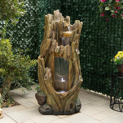 Alpine Corporation TZL338 Outdoor 3 Tier Waterfall Tree Trunk Floor Fountain with LED Lights for Patio, and Lawn Decor, 59 Inches Tall