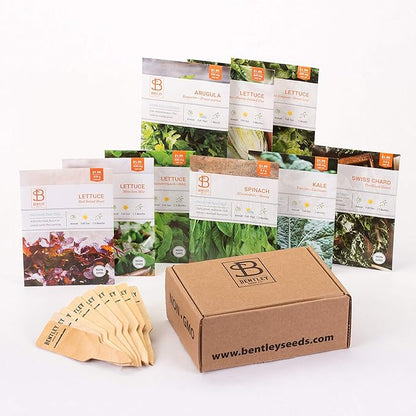 Seed Starter Kit – Salad Greens | Non-GMO | Heirloom Seed Packets | Natural Wood Row Markers | Over 100 Square Feet of Salad Greens