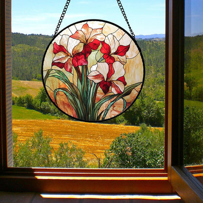 Stained Glass Window Hanging - Red Gladiolus Flower Suncatcher for Door Yard Sun Catchers Decor Christmas Mother's Day Birthday Gifts for Lovers Women Mom Nana Girlfriend Wife 7.8 in