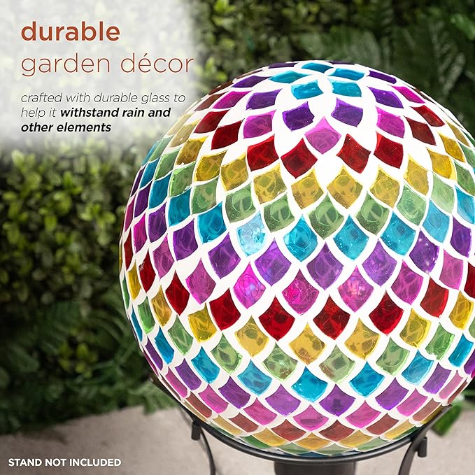 Alpine Corporation - Outdoor Glass Gazing Globe with Mosaic Teardrop Design -10 Inch Diameter, Multicolor