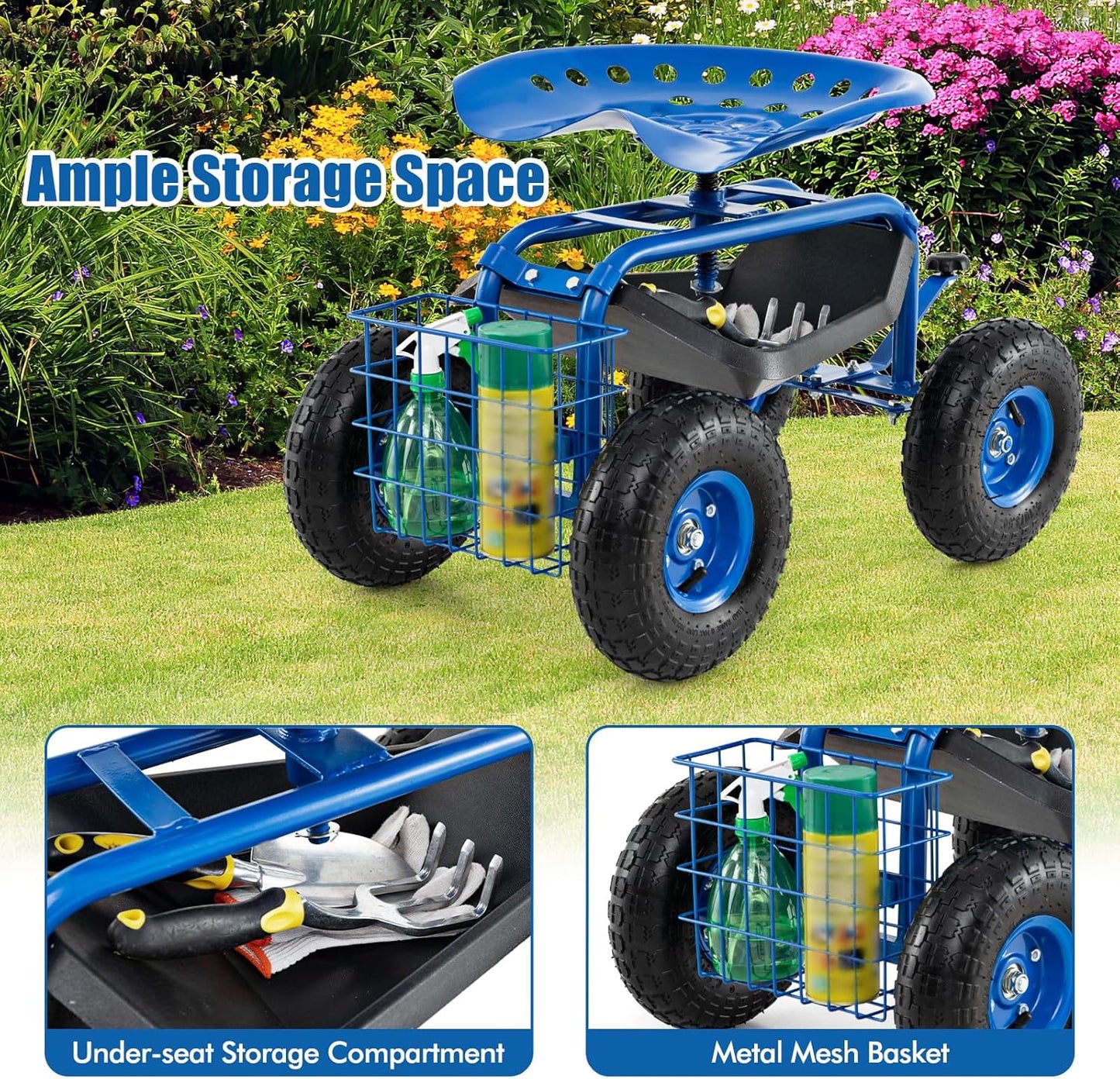 Goplus Garden Seat with Wheels, Rolling Garden Cart with 360 Degree Swivel Seat for Planting, Gardening Stool w/Tool Tray, Basket, Gardening Chair Workseat, Patio Wagon Scooter for Seniors