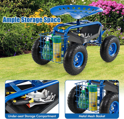 Goplus Garden Seat with Wheels, Rolling Garden Cart with 360 Degree Swivel Seat for Planting, Gardening Stool w/Tool Tray, Basket, Gardening Chair Workseat, Patio Wagon Scooter for Seniors