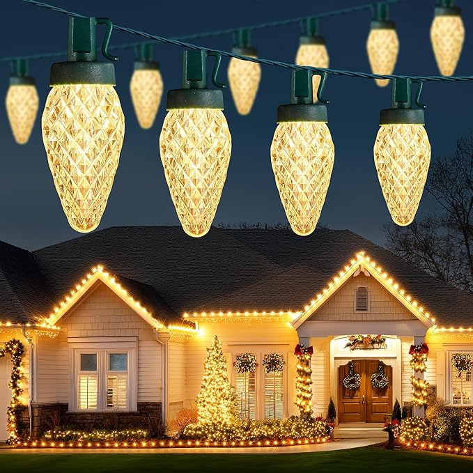 Brightown C9 Christmas Lights Outdoor, 114FT 150 LED Warm White String Lights with Timer, 8 Modes, Plug-in UL Listed Waterproof Connectable Christmas Tree Lights for House, Roof, Garden, Patio Decor