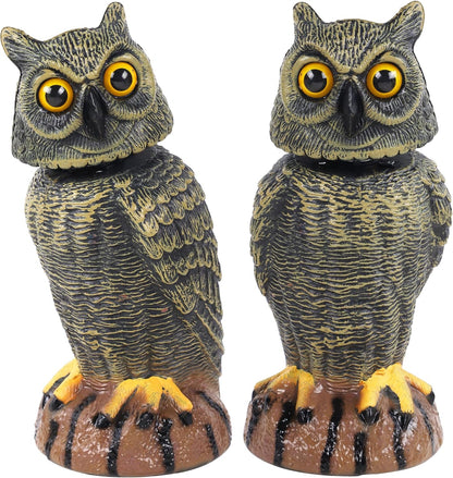 Hausse 2 Pack Bird Scarecrow Fake Owl Decoy Sculpture, 10.6 Inch Height Golden Rotating Head Plastic Owl Bird Deterrents, Nature Enemy Horned Pest Repellent for Outdoor Garden Yard