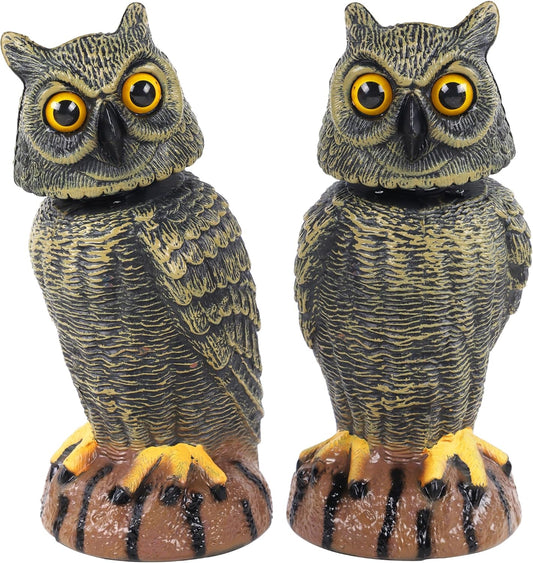 Hausse 2 Pack Bird Scarecrow Fake Owl Decoy Sculpture, 10.6 Inch Height Golden Rotating Head Plastic Owl Bird Deterrents, Nature Enemy Horned Pest Repellent for Outdoor Garden Yard