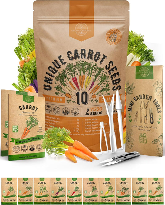 Organo Republic 10 Unique Carrot Seeds Variety Pack - 7,550+ Non-GMO Heirloom Carrot Seeds for Outdoor & Indoor Home Gardening, Including Carrot Imperator 58, Little Fingers, Scarlet Nantes, Parisian