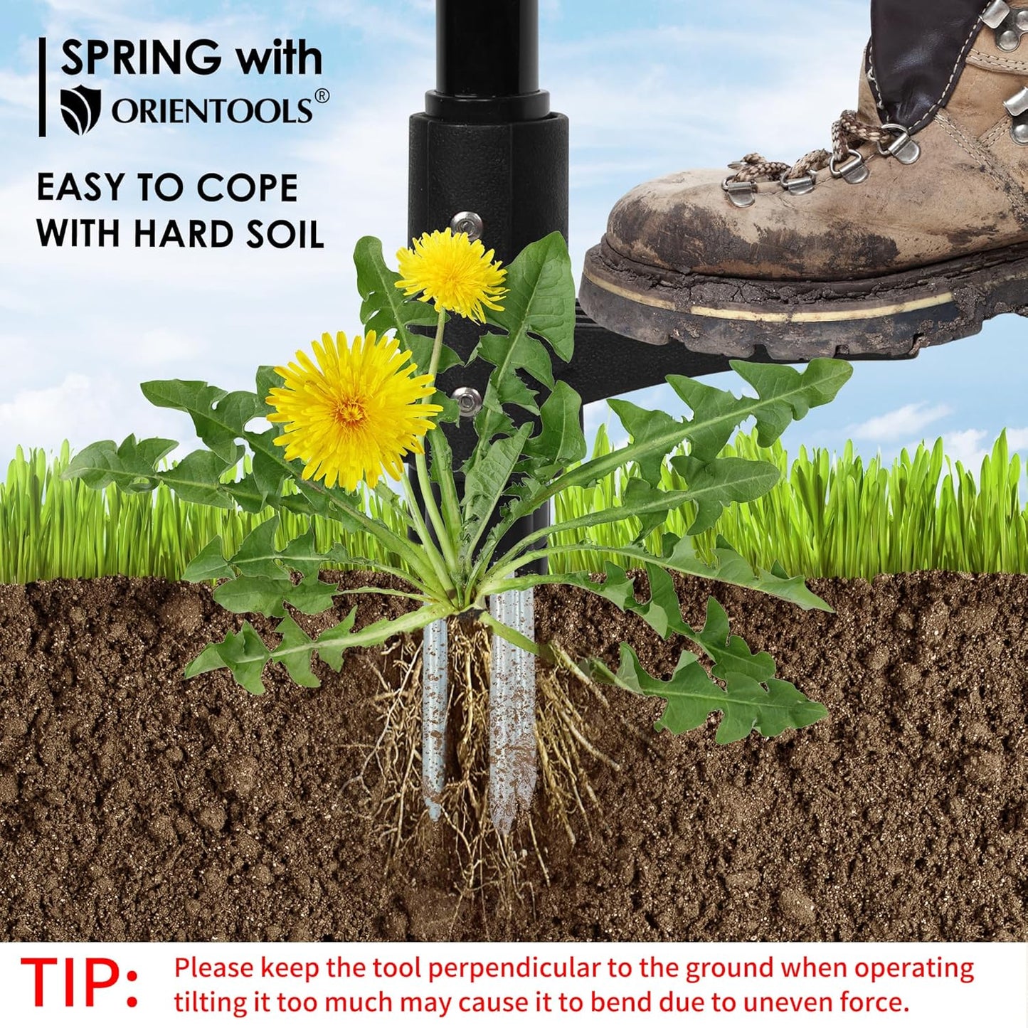 ORIENTOOLS Weed Puller Stand Up Weeder Hand Tool with 3 Claws for Dandelion, Steel Twist Hand Weed Root Pulling Tool Grabber and Picker, 38" Long Handle Lawn Easy Root Remover Garden Tool with D-Grip