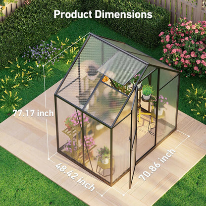 6x4FT Outdoor Greenhouse, Polycarbonate Green House, Small Walk-in Greenhouse with Vented Roof Window, Windproof Aluminum Frame with Hygrometer , Suitable for Gardening