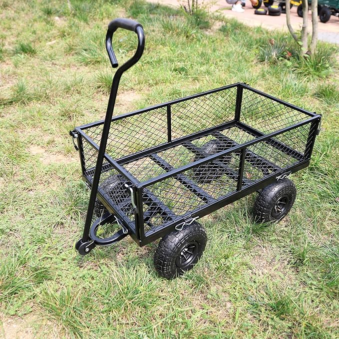 Wagon With Removable Sides for Farms, Warehouses - Garden Dump Cart With Air Wheels (Black) - Essential for Your Dream Garden