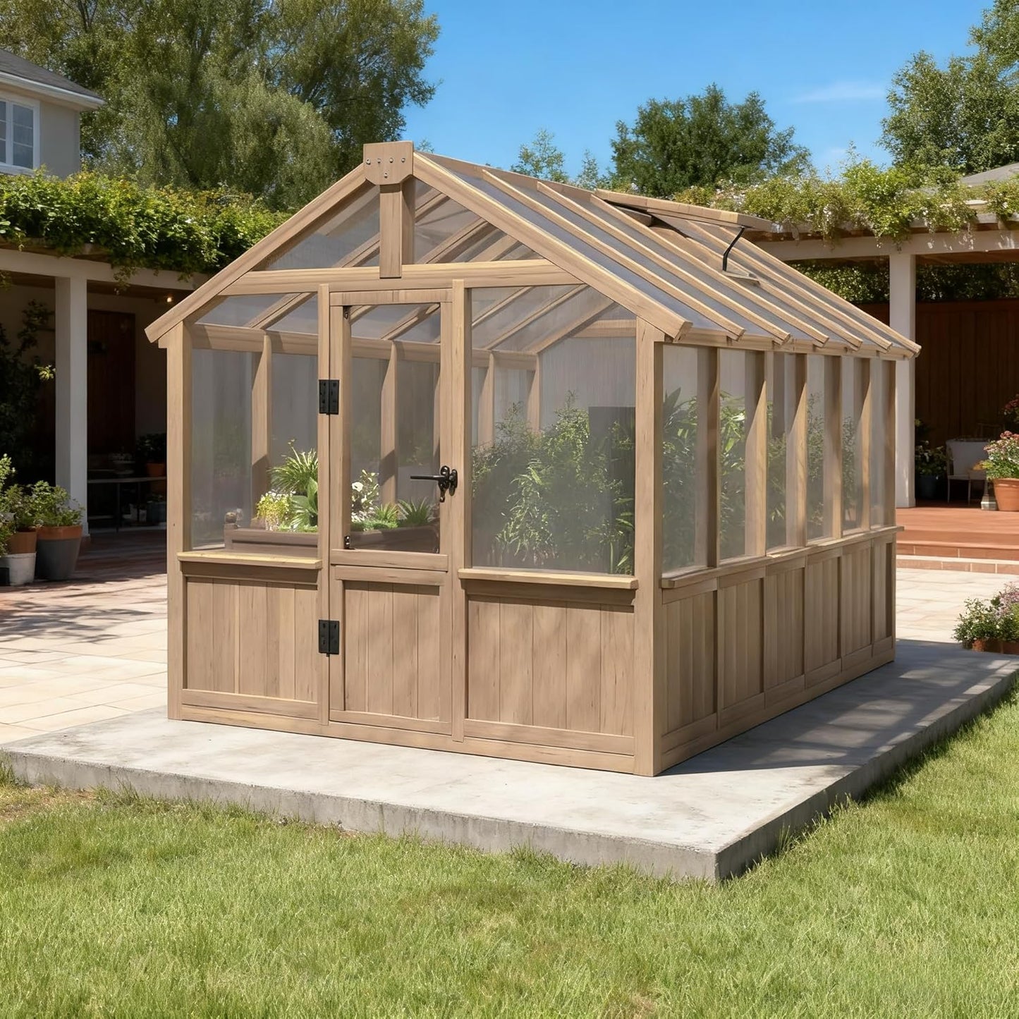 Greenhouse for Outdoor, 6x8ft-8x12ft Wooden WAK-in Greenhouse Kitwith 6MM Thick Polycarbonate Panel, Lockable Door & Adjustable Roof Vent ，Backyard Garden ﻿ (Light Mocha Brown, 6*12FT)
