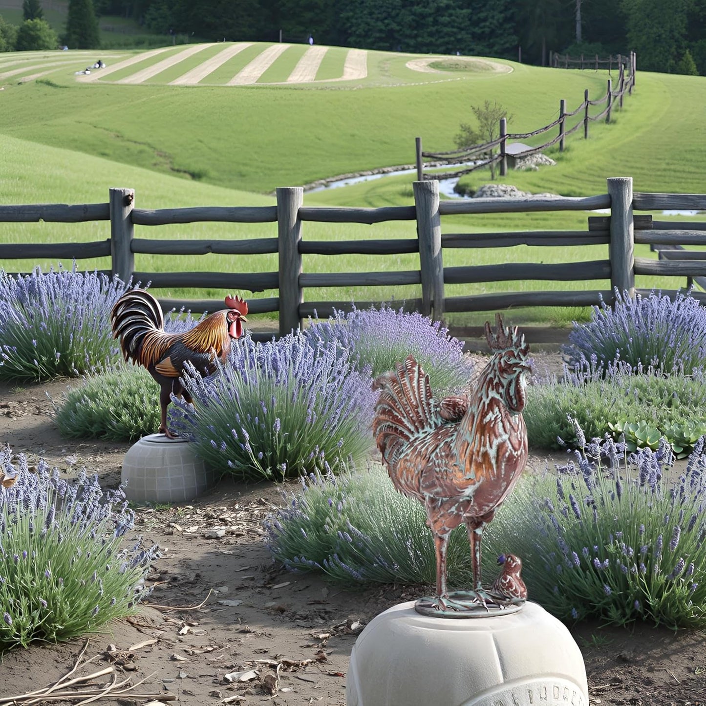 Metal Rooster w/ Chicks Statue Garden Yard Decor,15.7"L x 18.8"H Metal Chickens Yard Art, Vintage Outdoor Chicken Rooster Figurine for Backyard Patio Lawn Home Decoration, Gift for Chicken Lovers